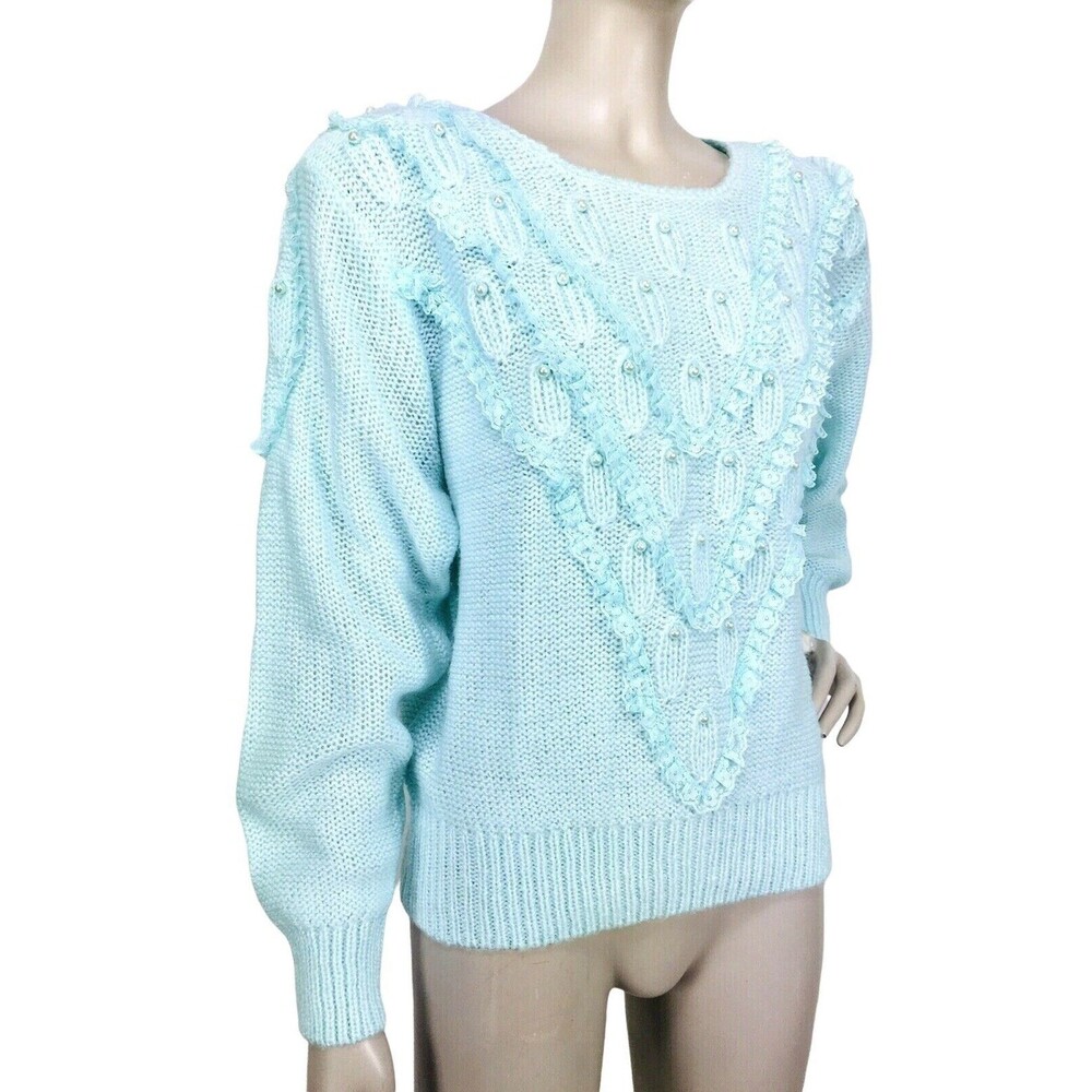 VTG 80s Knit Lace Trim Pearl Beaded Crochet Delicate Soft Girl Sweater Large